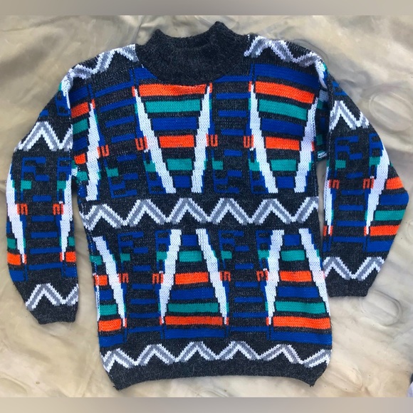 Croquet Club Sweaters - Croquet Club Vintage Pattern Ski Lodge Angoralike High Neck Sweater - M